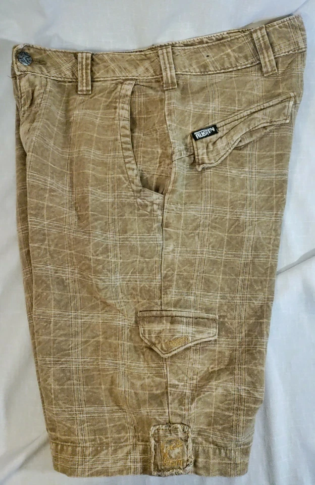 Men's Rusty Goyals gold brown checker cargo chino casual shorts 29 MINT RARE - Image 2 of 4