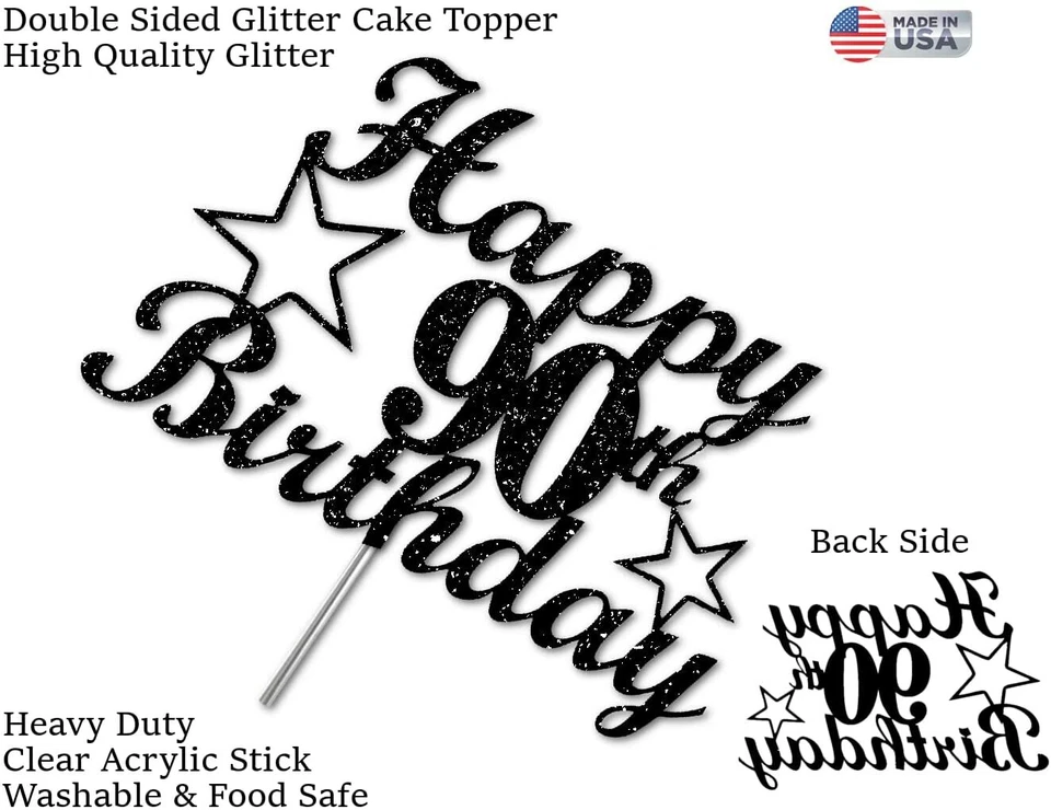 90 Cumpleaños Negro Brillo Pastel Topper, 90º Fiesta Decoración Ideas Foto 2 de 4