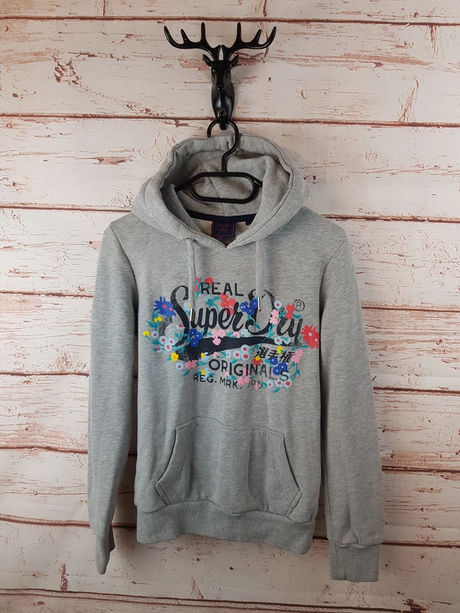 Superdry Womens Hoodie 8 Grey Sweatshirt Cotton Pullover Jumper Spellout  Floral | eBay