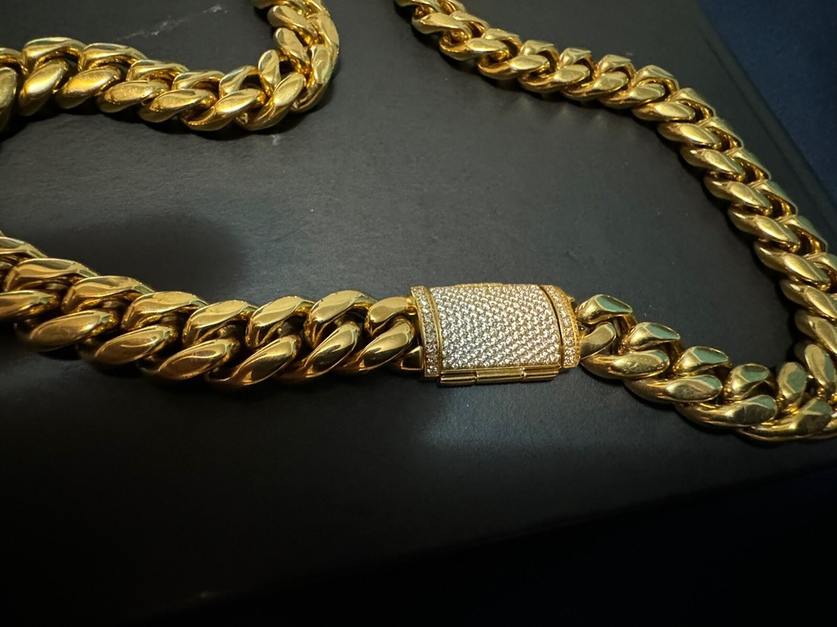 CUBAN LINK CHAIN MENS 30 INCH 12mm Iced Clasp Gold Plate