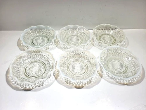 (6) Vintage Anchor Hocking Moonstone Opalescent Hobnail Crimped Bowls 6"