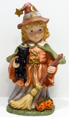 Halloween Porcelain Figurine Adorable Little Witch & Black Cat 11 1/2'' Nice!