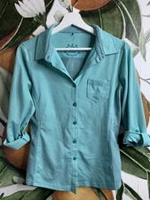Prana Small Womens Striped Green Tab Sleeves Button Front Collared Shirt