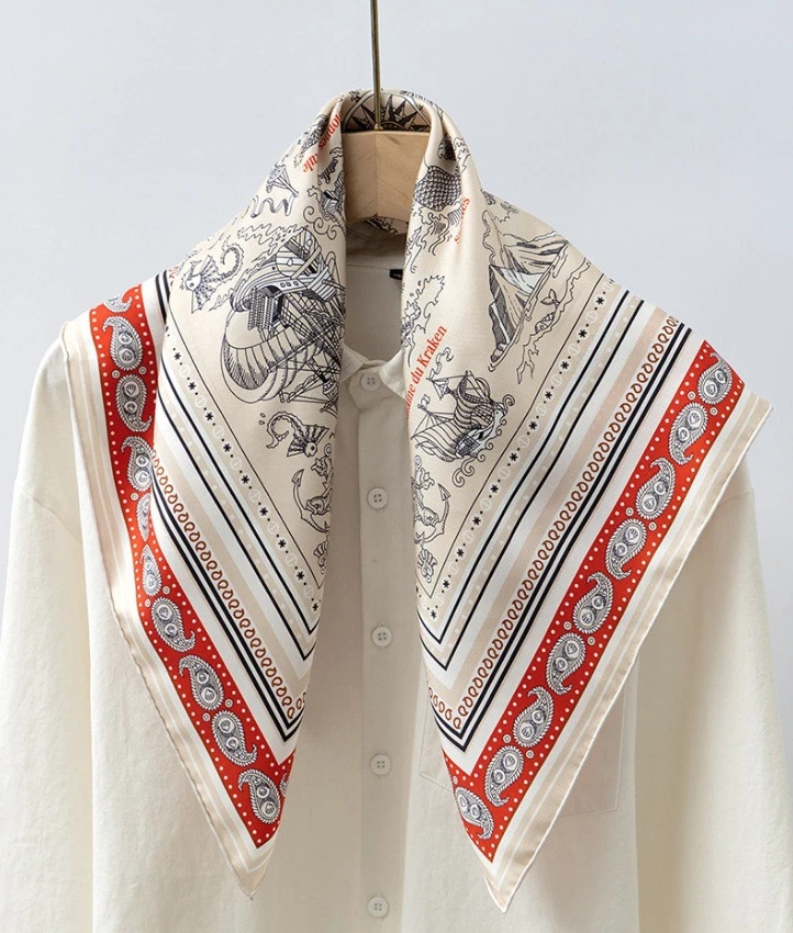 Pure 14 Momme Twill Silk Wrap Scarf Bandanna Sailor Print Square Shawl 65X65cm