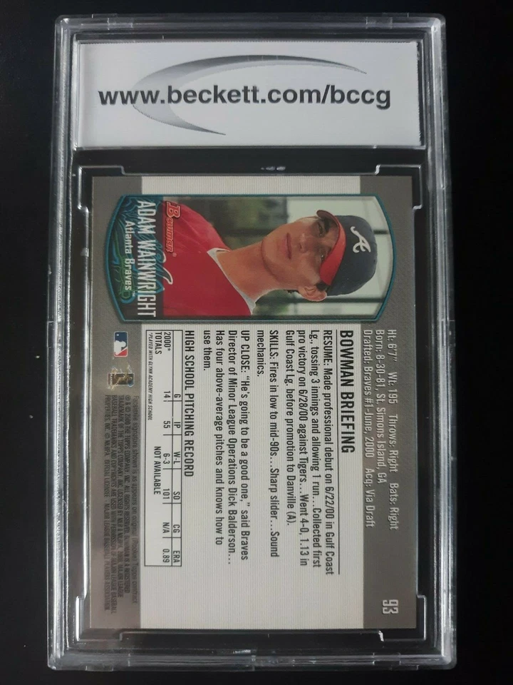 Adam Wainwright Cardinals 2000 Bowman Draft #93 Rookie Card Graded NM 9 - Image 2 of 2