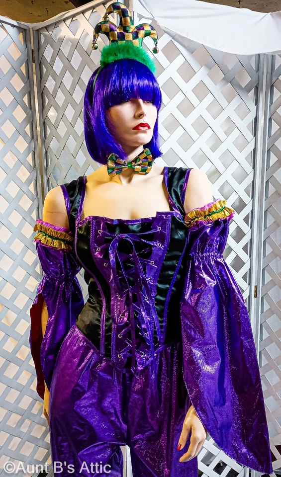 Sexy Bufón Mardi Gras 5 Piezas Púrpura Cojo Pantalones Cordones Corsé Mangas Diadema y Corbata Foto 4 de 4