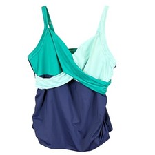 Lands End V-Neck Wrap Underwire Tankini Top Navy Teal Plus 24W Chlorine Resistnt