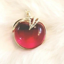Vintage Sarah Coventry Apple Brooch Pink Lucite Pin Gold Tone Metal Signed 8130