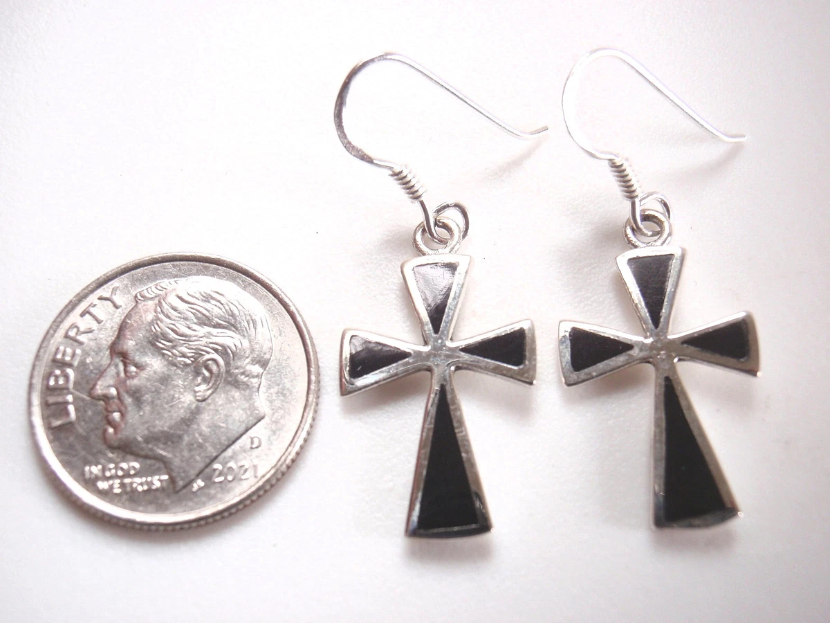 Ankh Simulated Black Onyx Cross Earrings 925 Sterling Silver