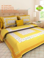 90x100 Yellow Jaipuri Bed Sheet With 2 Pillow Cover Printed Cotton Double