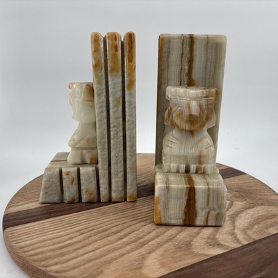 Vintage Bookends Aztec Mayan Tiki Carved Marble Onyx Stone