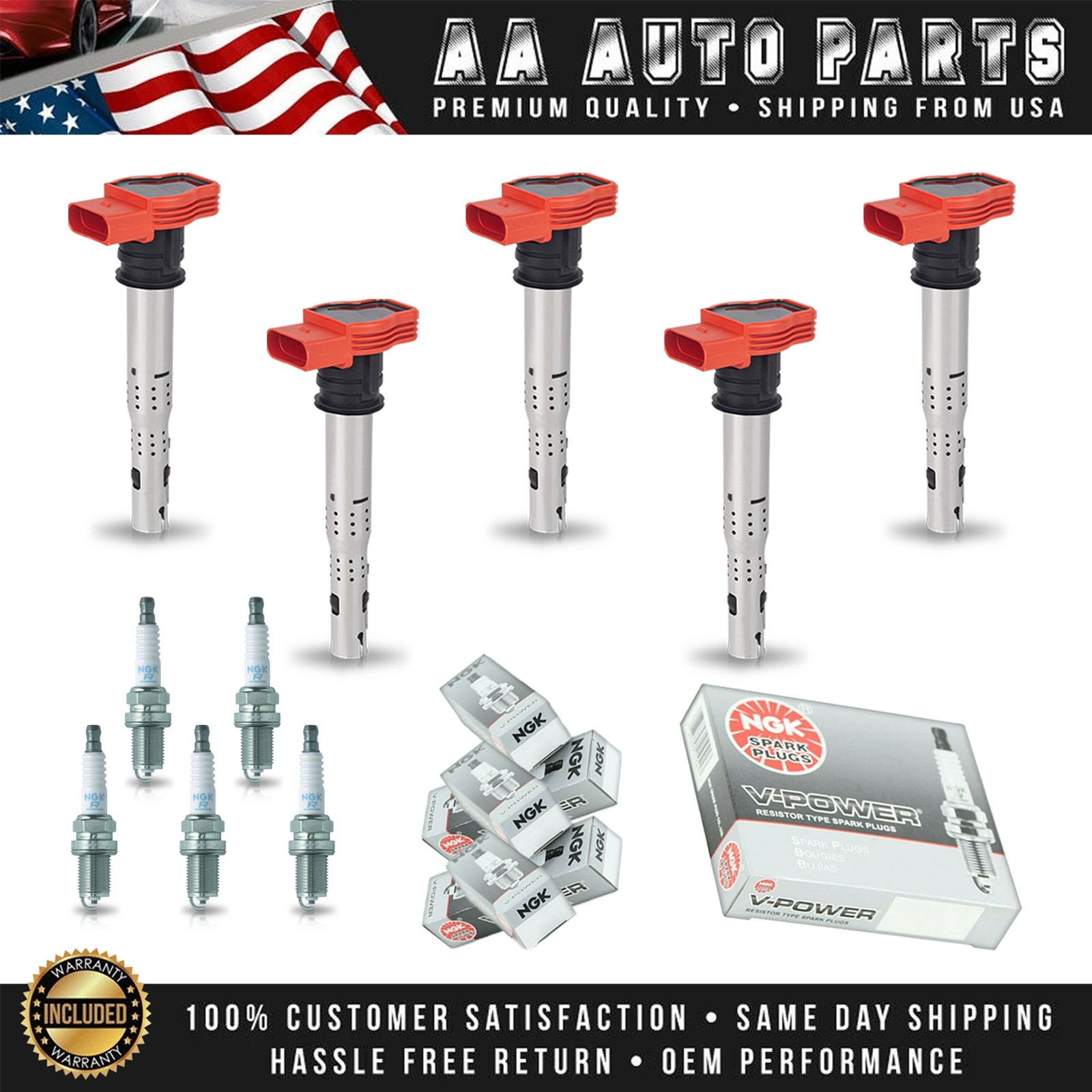 5 Ignition Coil  5 NGK Spark Plug for 2006-2014 Volkswagen GTI 2.0L l4 UF529