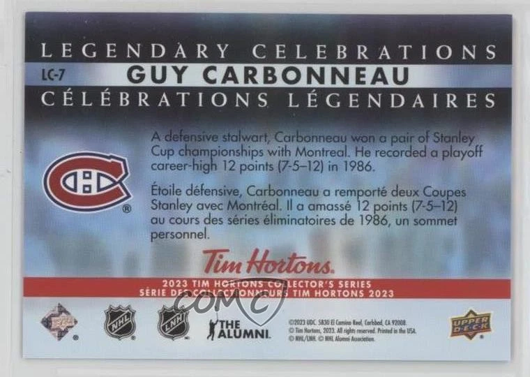 2022-23 Upper Deck Tim Hortons Legends Legendary Celebrations Guy Carbonneau HOF - Image 2 of 2