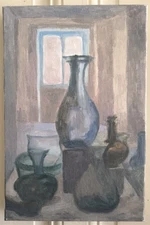 Oil on Canvas Mireille Besson (1931 " Showcase Jugs Glassware " Still Life