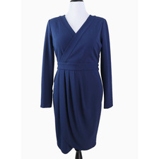 Donna Karan Size L* Faux Wrap Sheath Dress Surplice V Neck Navy Blue