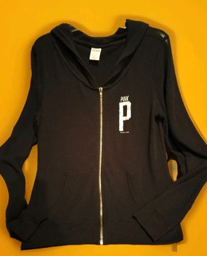 UNDERCOVER Felpa nera con cappuccio Victoria's Secret rosa da donna zip intera logo frontale taglia M