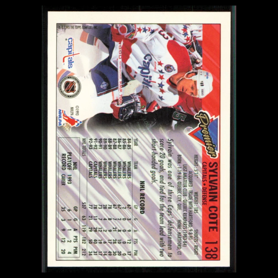 Sylvain Cote #138 1993 Topps Premier Washington Capitals Hockey Card NHL NM - Image 2 of 3