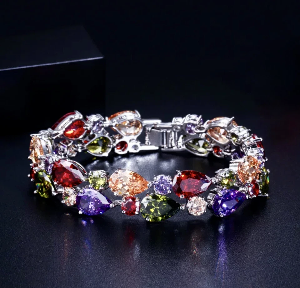 Brazalete Tenis Multicolor Chapado en Oro Blanco 18K Hecho con Cristal Swarovski Regalo Foto 2 de 4