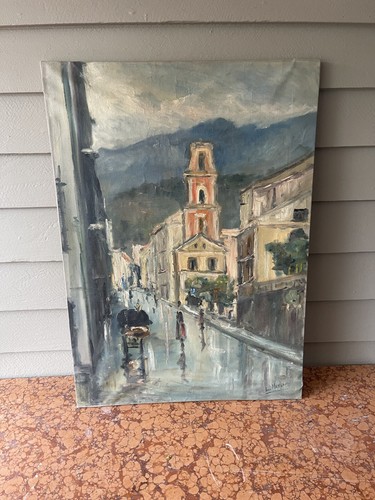VINTAGE OIL PAINTING EUROPEAN STREET SCENE CHAPEL MOUNTAINSIDE IMPRESSIONISM