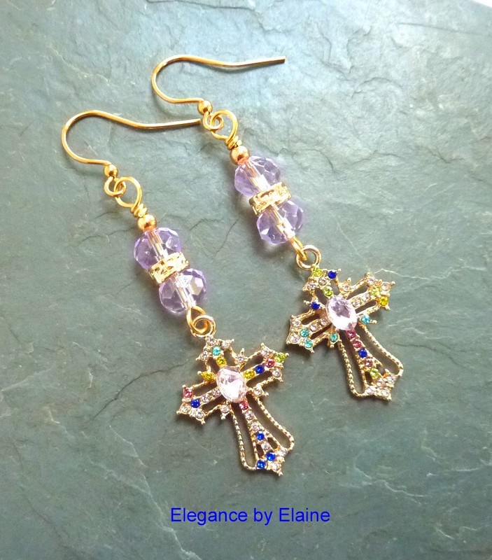 Multi Color Gold Cross Handmade Earrings, Faith, Spiritual, Religious, Easter