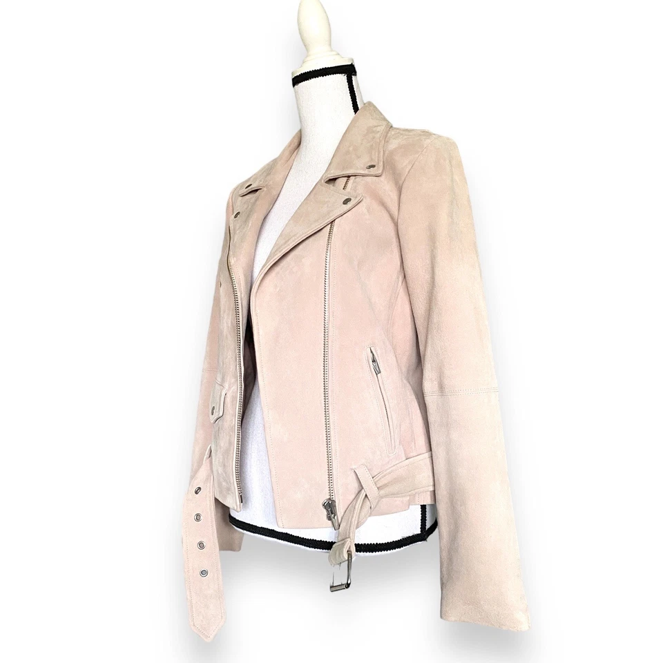 Chaqueta de motociclista Veda Jayne de gamuza de cuero para mujer S rosa con cremallera frontal cintura con cinturón Foto 4 de 4