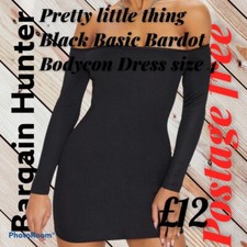 Pretty Little Thing Black Basic Bardot BodyCon Dress Size 4 Bnwt