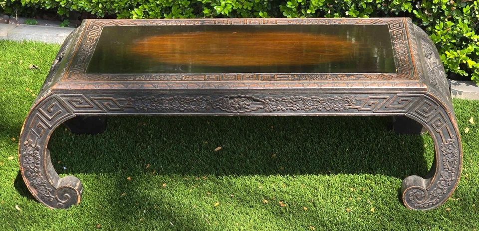 Antigua mesa china de altar de té de café tallada en madera 36,5" de largo 16,5" de ancho 12" T Foto 4 de 4