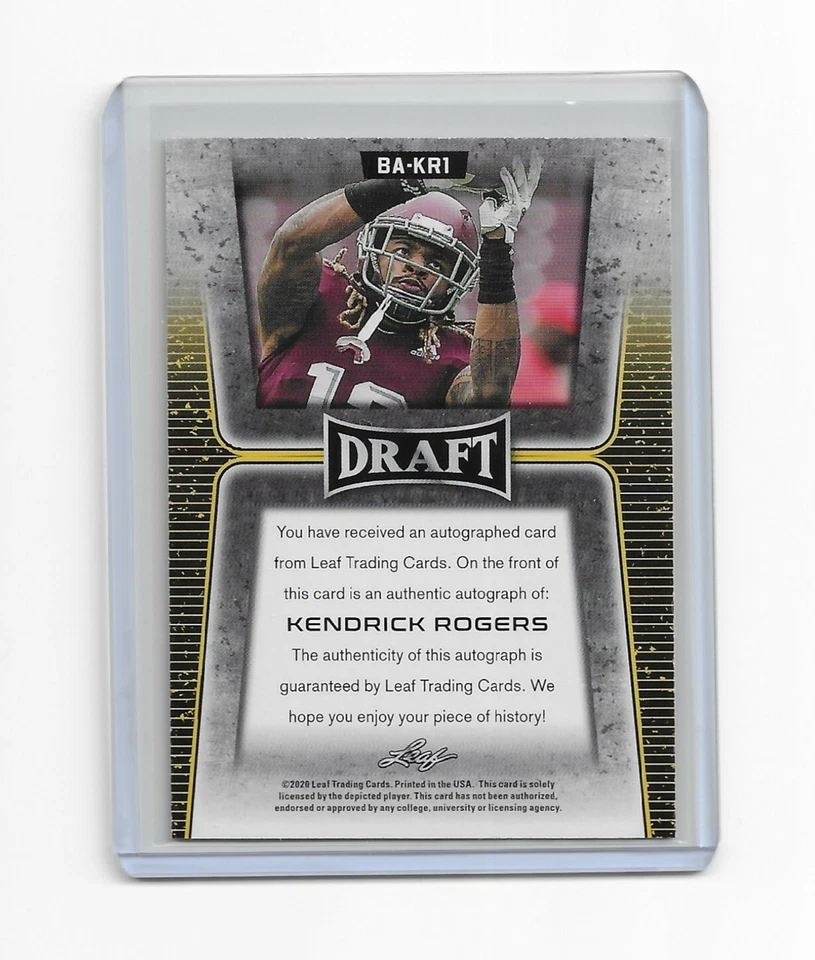 Autographed Kendrick Rogers 2020 Leaf Draft RC Auto Card #BA-KR1 Texas A & M - Image 2 of 2