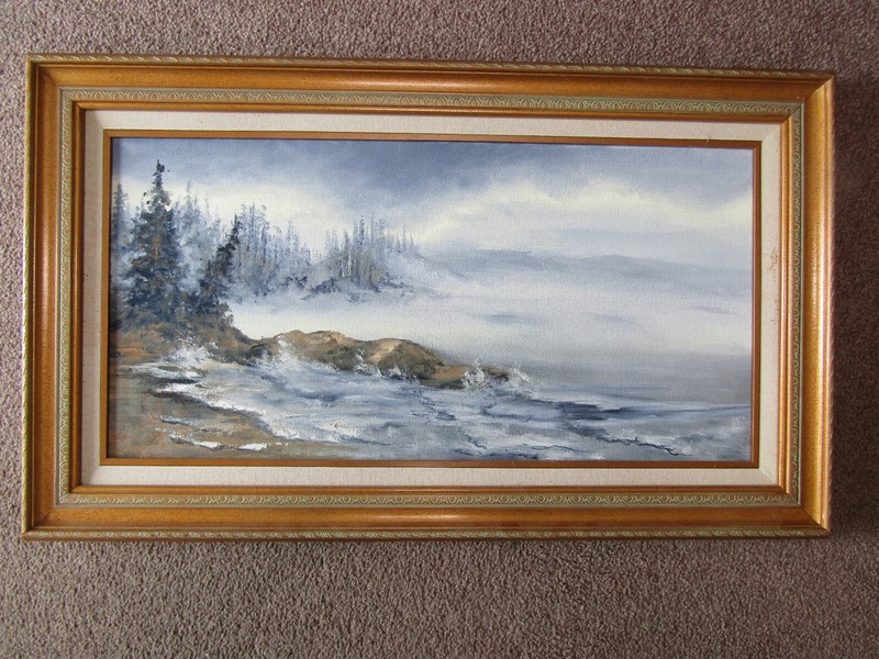 Original Oil Painting canvas Foggy Coast ocean Seascape 29.5X17.5 framed signed