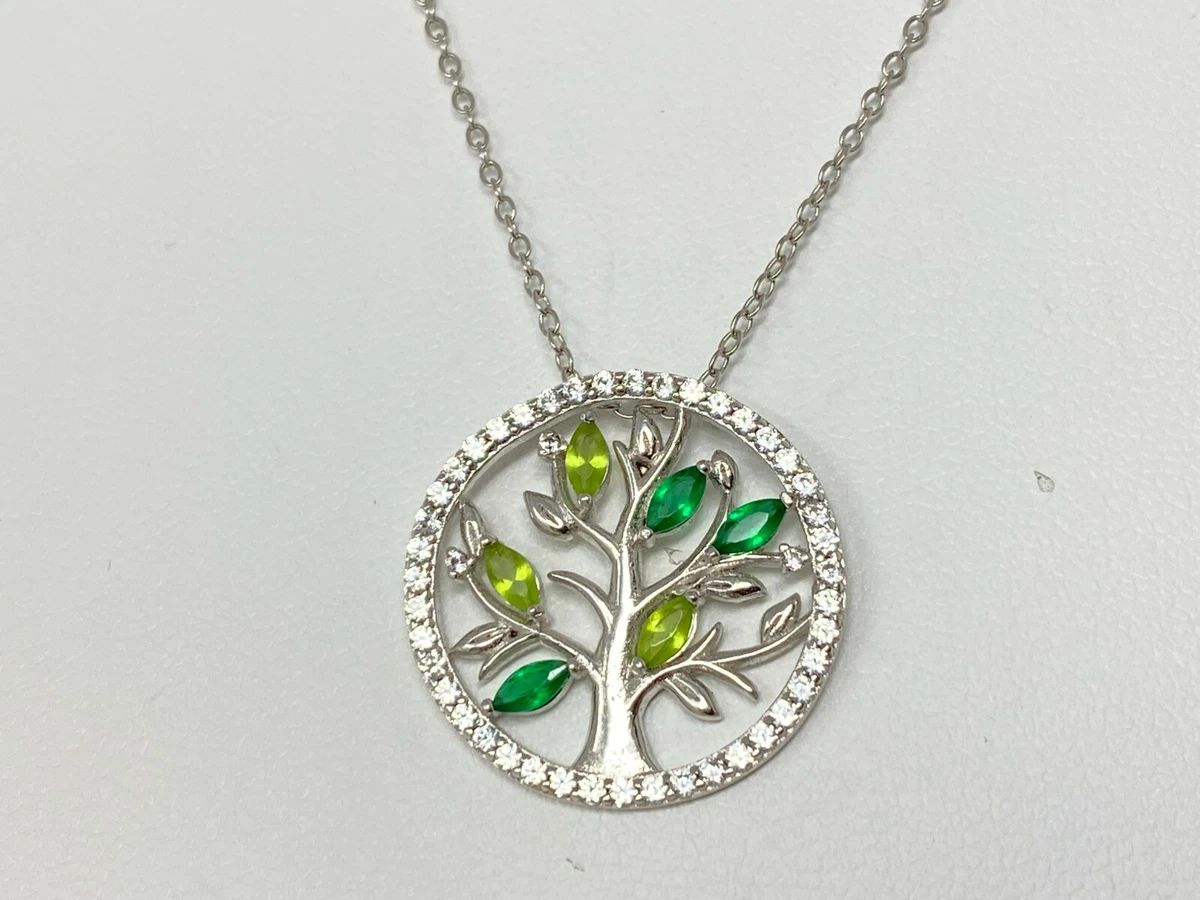 Beautiful Sterling Silver HAN 925 Green Rhinestone TREE Pendant 18