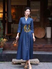 Robe Longue Robe Élégant Bohoo Chic en Jeans Cow-Boy Hippie Bleu 04624