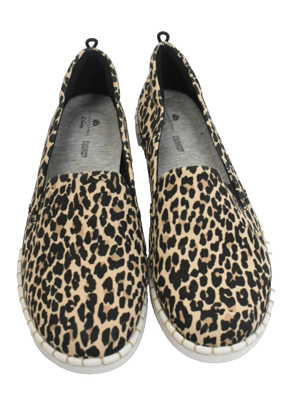 Scarpe mocassino Clarks Cloud Steppers nero marrone chiaro stampa leopardata slip on donna taglia 8
