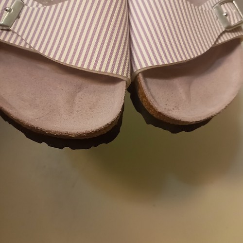 Birkenstock Birkis Womens 5 Aziza White Purple Striped Adjustable Slide Sandals - Picture 3 of 14