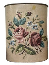 1960s J L Clark  Flower Embroidered Look Roses Metal Desk Office Trash Can USA