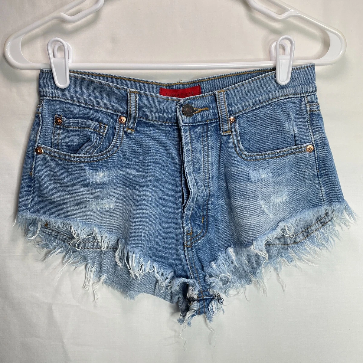 Signature 8 Womens Small Blue Denim Jean Mini Shorts High Rise Distressed Bottom