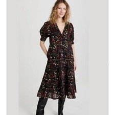 The Great. Floral Dress Size 0 V-Neck Short Sleeves Black Red Midi Length Yonder