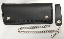 Black Leather Biker Trucker Wallet Braided Trim 7.5" x 3.5" With 12" Chain