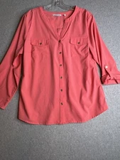 Notations Top XL Peach Pink Button Up Women's Roll Tab Sleeve V-Neck Imperfect