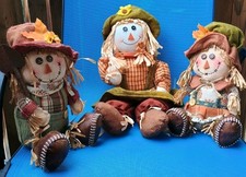 Set 3 Mixed Material Stuffed Scarecrow Shelf Sitters Fall Thanksgiving Decor EUC