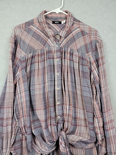 BDG Melanie Pink Gray Plaid Oversized Button Up Knotted Front Shirt Womens Large - 第 2/13 張圖片