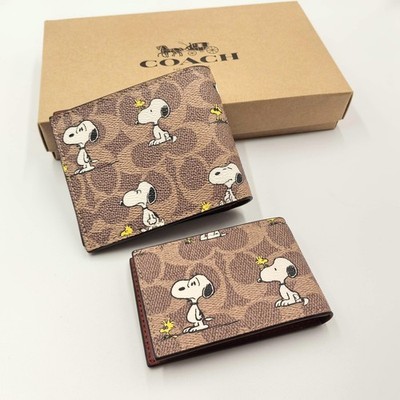 COACH Classic Cartoon-Printed PEANUTS Snoopy Brown Leather Foldable Wallet