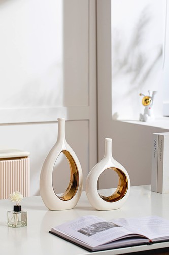 White Gold Vase- Modern Vase, Vases for Decor, Ceramic Vase for Shelf Decor H... - Bild 6 von 8