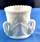 Westmoreland Toothpick Holder White Milk Glass 3 Swan Cattails 2.5” Tall Vintage