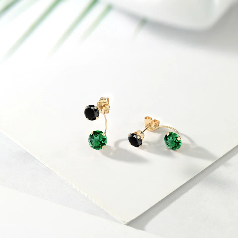 2.49 Ct Round Green Nano Emerald Black Onyx 14K Yellow Gold Earrings - Image 4 of 4
