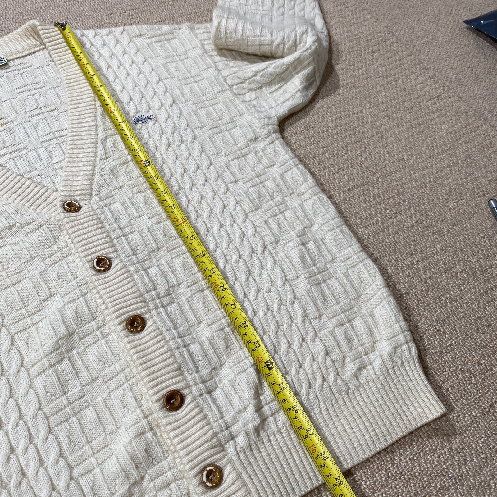 VINTAGE Chemise Lacoste Cardigan Mens Size 6 XL Cream Cable Knit Wool Sweater thumbnail 7