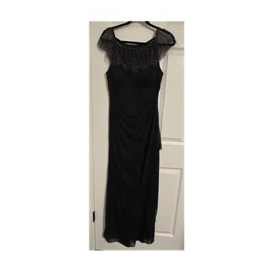 DJ-JAZ Navy Solid Beaded Ruched Long Formal Gown Size 10 Scoop Neck Cap Sleeve