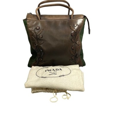 Prada B6147 Flower Motif Tote Bag Leather X nylon Combi Brown Khaki Used STOC-0