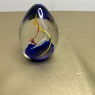 Vintage Glass Egg Shape clear cobalt blue colorful spiral swirl Paperweight 