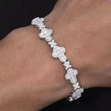 925 Silver Gold Finish Simulated Diamond Round Cut Charm Flower Tennis Bracelet