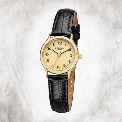 Regent Leder Damen Uhr F-970 Quarzuhr Armband schwarz URF970